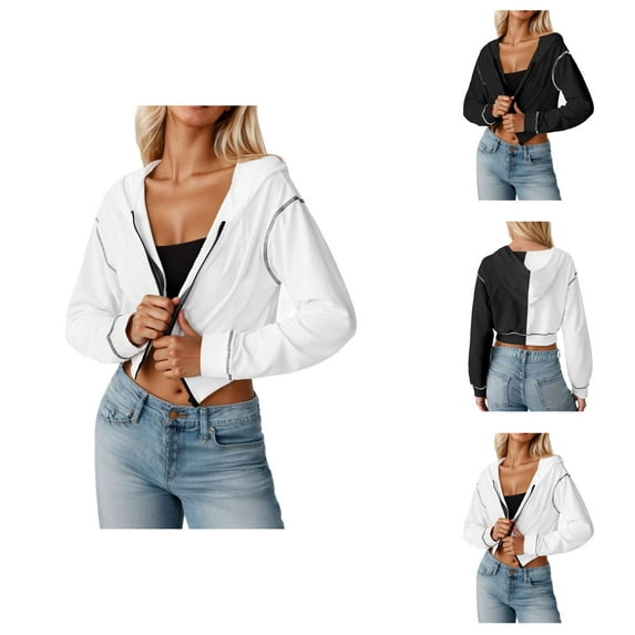 Cropped Hoodies for Women 2025 Color Block Long Sleeve Zip Up Lightweight Hoodie Hooded Sweatshirt Women Jacket