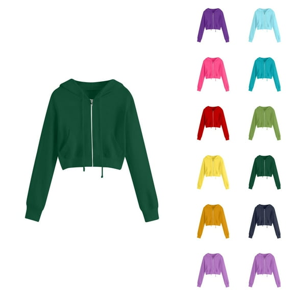 Cropped Hoodies for Women 2025 Long Sleeve Cropped Zip Up Hoodie with Pockets Hooded Sweatshirt Women Jacket