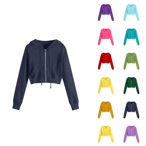 Cropped Hoodies for Women 2025 Long Sleeve Cropped Zip Up Hoodie with Pockets Hooded Sweatshirt Women Jacket