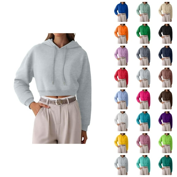 Cropped Hoodies for Women 2025 Long Sleeve Drawstring Plain Cropped Hoodie Hooded Sweatshirt Women Pullover