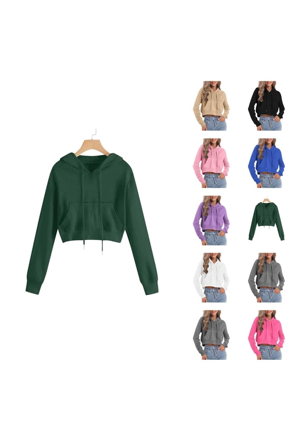 Cropped Hoodies for Women 2025 Long Sleeve Lightweight Plain Hooded Sweatshirt with Pockets Pullover Tops