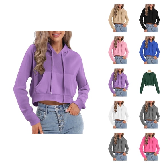 Cropped Hoodies for Women 2025 Long Sleeve Lightweight Plain Hooded Sweatshirt with Pockets Pullover Tops