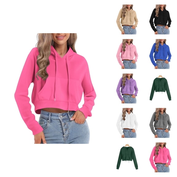 Cropped Hoodies for Women 2025 Long Sleeve Lightweight Plain Hooded Sweatshirt with Pockets Pullover Tops