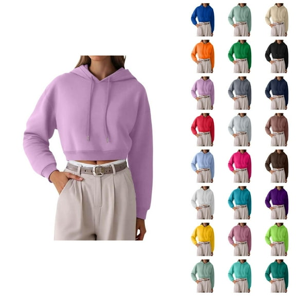 Cropped Hoodies for Women 2025 Long Sleeve Plain Crop Hoodie Streetwear Hooded Sweatshirt Pullover Tops