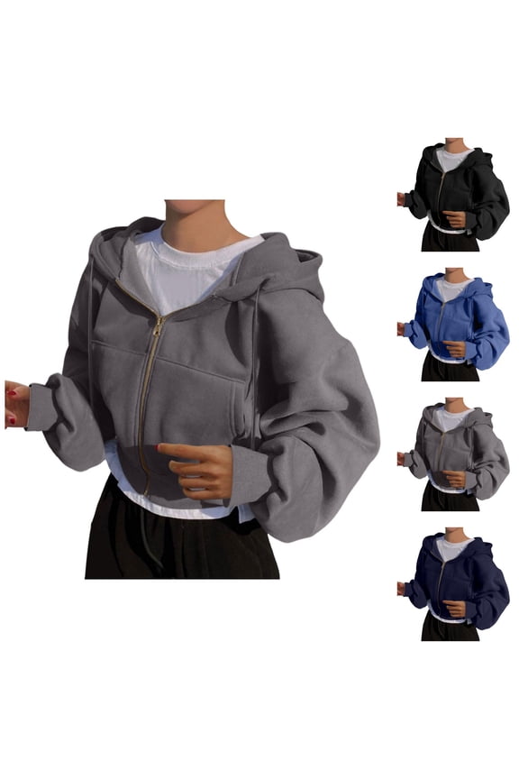 Cropped Hoodies for Women 2025 Long Sleeve Zip Up Cropped Loose Hoodie with Pockets Hooded Sweatshirt Women Jacket