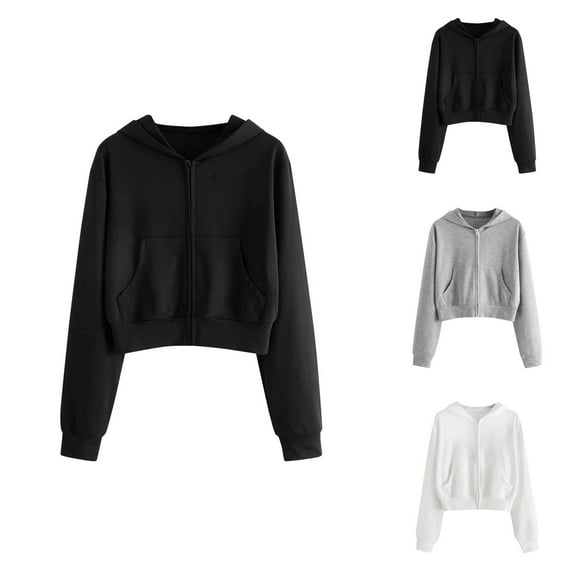 Cropped Hoodies for Women 2025 Long Sleeve Zip Up Cropped Plain Hoodie with Pockets Hooded Sweatshirt Women Jacket