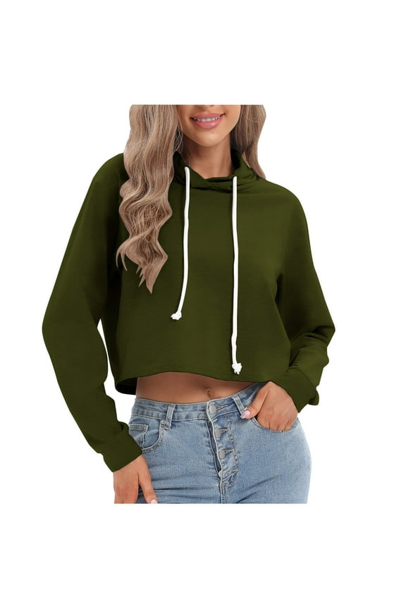 Cropped Hoodies for Women Teen Girls Fall Casual Long Sleeve Loose Pullover Drawstring Sweatshirts Tops