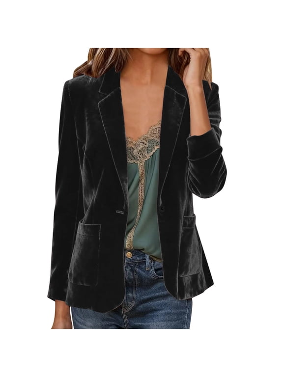 Cropped Jacket Sevevn Women's Velvet Blazer Jacket Lapel Long Sleeve V Neck Suit Coat