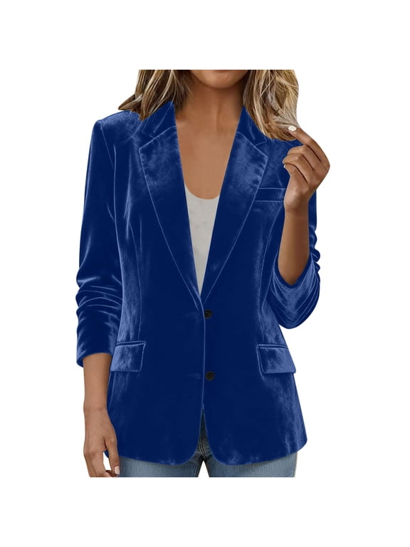 Cropped Jacket Sevevn Women's Velvet Blazer Jacket Lapel Long Sleeve V Neck Suit Coat