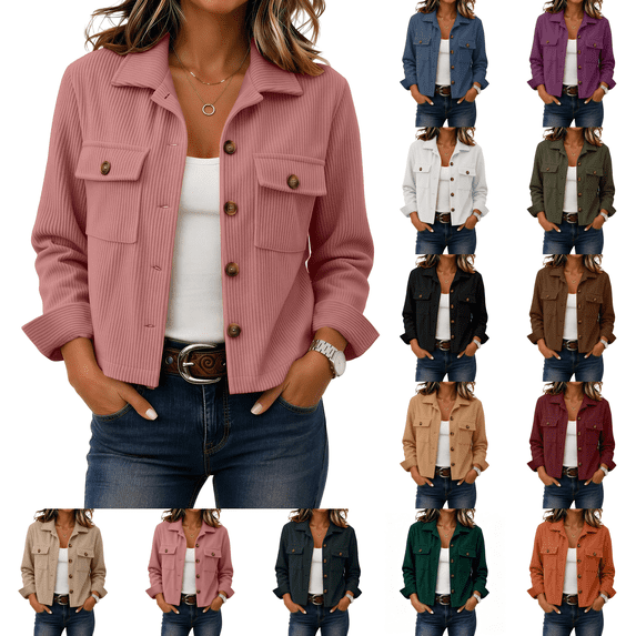 Cropped Jacket Women Fashion Corduroy Button Down Long Sleeve Coat Lightweight Trendy Fall Winter Outwear Blouse