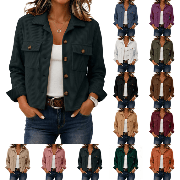 Cropped Jacket Women Fashion Corduroy Button Down Long Sleeve Coat Lightweight Trendy Fall Winter Outwear Blouse