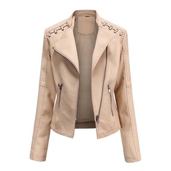 Cropped Jacket Women Faux Leather Lapel Zipper Biker Short Coat