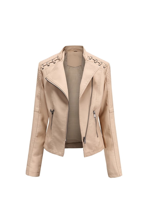 Cropped Jacket Women Faux Leather Lapel Zipper Biker Short Coat