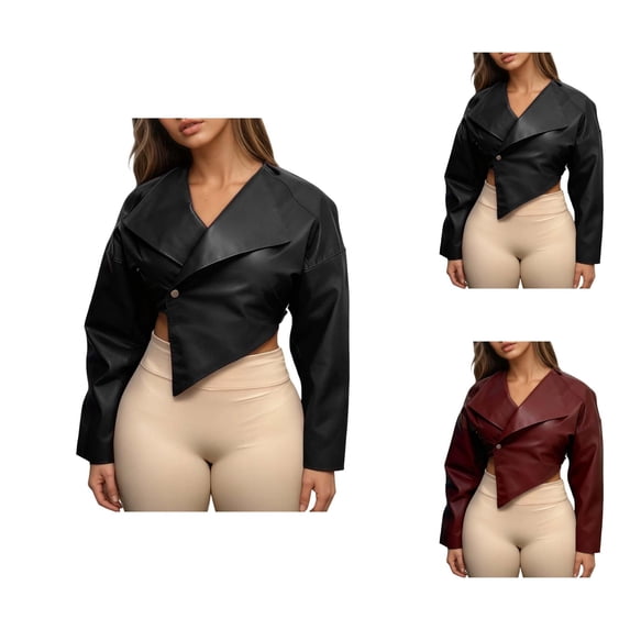Cropped Jacket Women Long Sleeve Casual Leather Irregular Hem Lapel One Button Cropped Leather Bomber Jackets