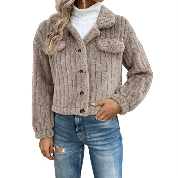 Cropped Jacket Women, Yigetop Women's Collar Button Down Fleece Jacket Long Sleeve Drop Shoulder Warm Coat Outwear Sherpa Jacket Women Beige 2XL