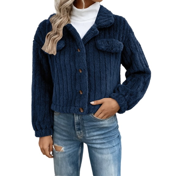 Cropped Jacket Women, Yigetop Women's Collar Button Down Fleece Jacket Long Sleeve Drop Shoulder Warm Coat Outwear Sherpa Jacket Women Dark Blue XS
