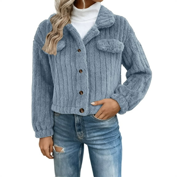 Cropped Jacket Women, Yigetop Women's Collar Button Down Fleece Jacket Long Sleeve Drop Shoulder Warm Coat Outwear Sherpa Jacket Women Light Blue XL
