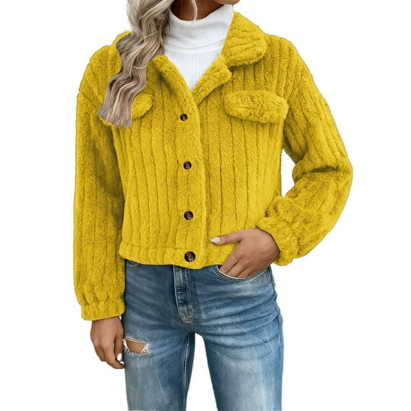 Cropped Jacket Women, Yigetop Women's Collar Button Down Fleece Jacket Long Sleeve Drop Shoulder Warm Coat Outwear Sherpa Jacket Women Yellow S