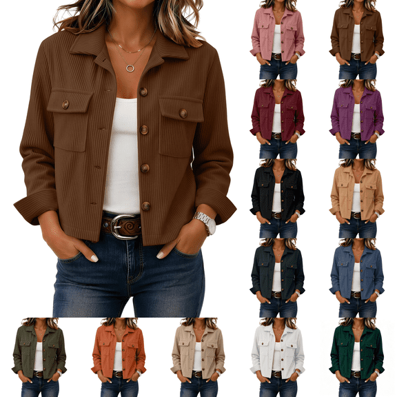 Cropped Jacket Womens Corduroy Button Down Long Sleeve Coats Fashion Brown S