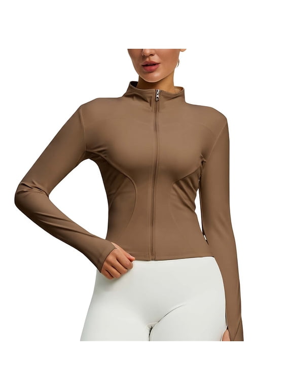 Cropped Jacket YUNLIUU Women's Workout Jacket Lightweight Zip Up Yoga Jacket Cropped Athletic Slim Fit Tops,XXL,Coffee