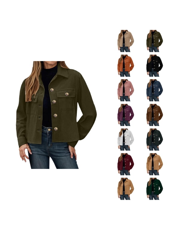 Cropped Jacket for Women 2025 Fall Winter Long Sleeve Corduroy Button Down Lapel Collar Casual Jackets Outerwear