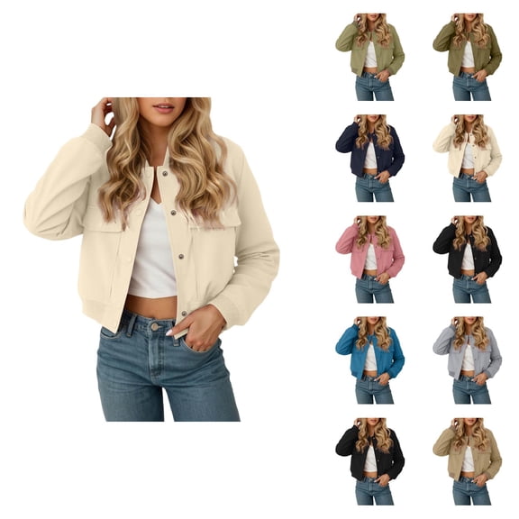 Cropped Jacket for Women 2025 Long Sleeve Baseball Collar Button Down Casual Jackets with Pockets Outerwear