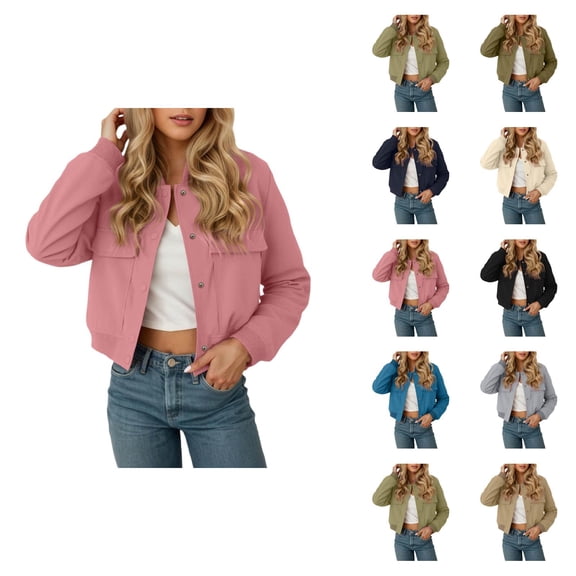 Cropped Jacket for Women 2025 Long Sleeve Baseball Collar Button Down Casual Jackets with Pockets Outerwear