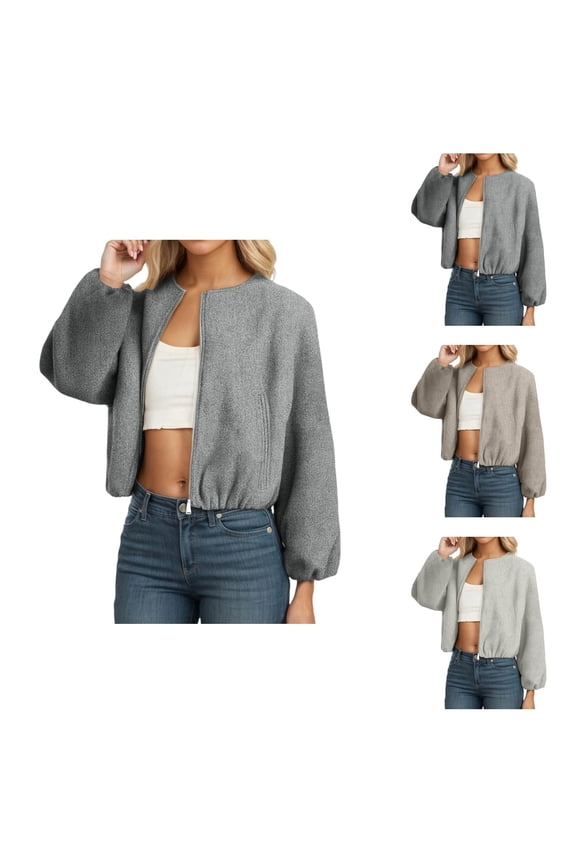 Cropped Jacket for Women 2025 Long Sleeve Lightweight Crewneck Zip Up Casual Jackets with Pockets Outerwear
