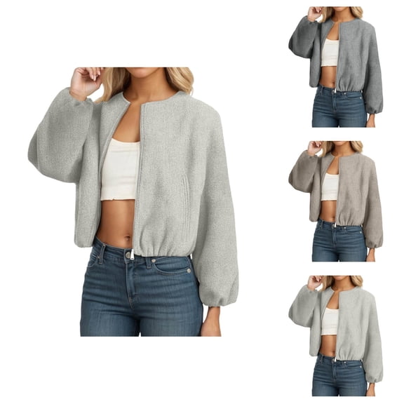 Cropped Jacket for Women 2025 Long Sleeve Lightweight Crewneck Zip Up Casual Jackets with Pockets Outerwear
