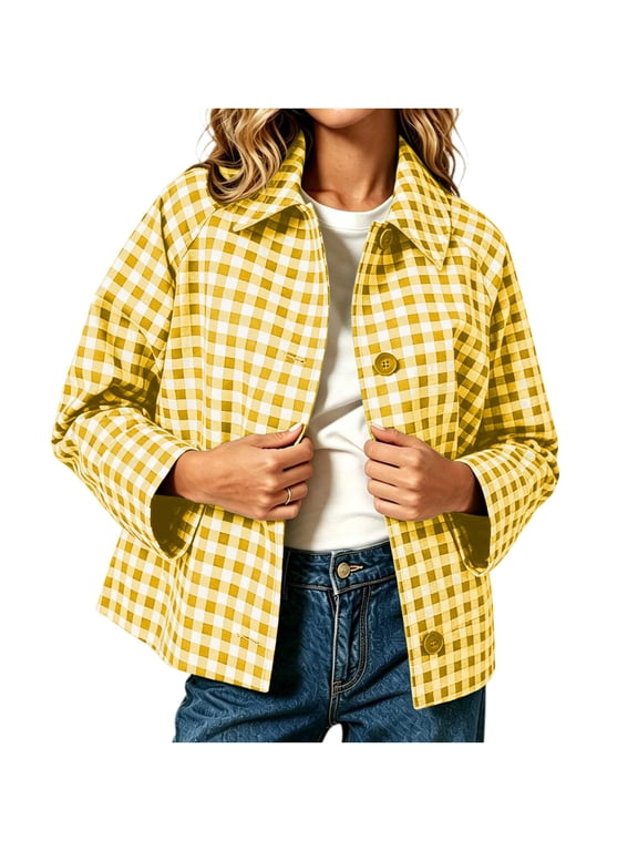 Cropped Jacket for Women Gingham Shacket Button Down Shirt Jackets Ladies Fashion Coat Tops (Yellow XL)