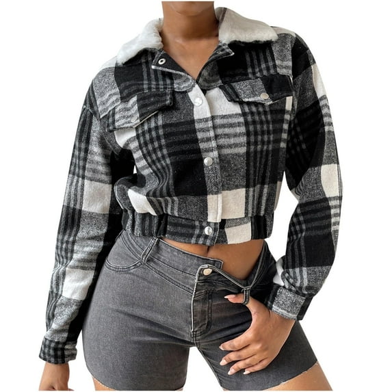 Cropped Jacket for Women Plaid Fleece Long Sleeve Button Down Shacket Casual Outfit Shirts Faux Fur Collared Trendy Clothes (M, Black)