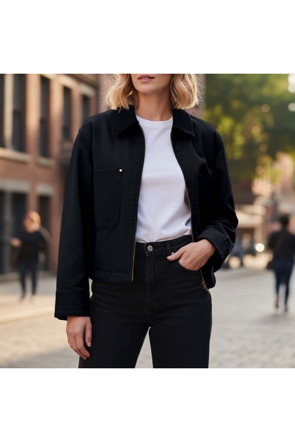 Cropped Jacket for Women Zip Up Collar Cargo Jacket Barn Jacket Lightweight Spring Fall Outerwear Streetwear Black XL
