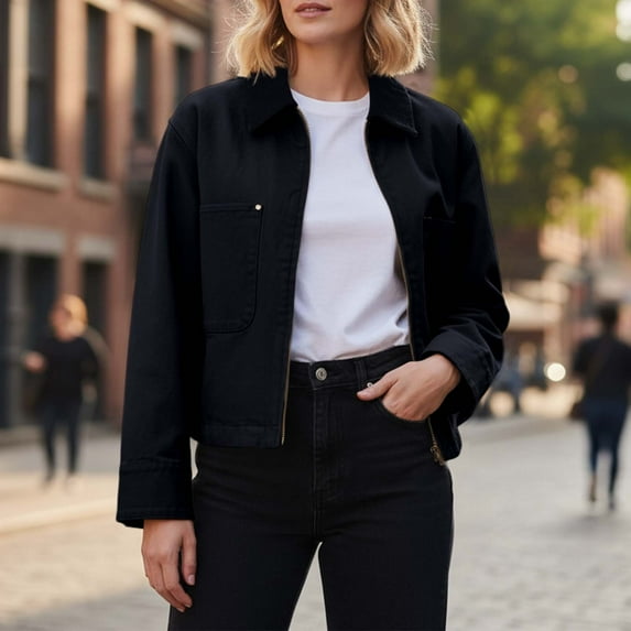 Cropped Jacket for Women Zip Up Collar Cargo Jacket Barn Jacket Lightweight Spring Fall Outerwear Streetwear Black XL