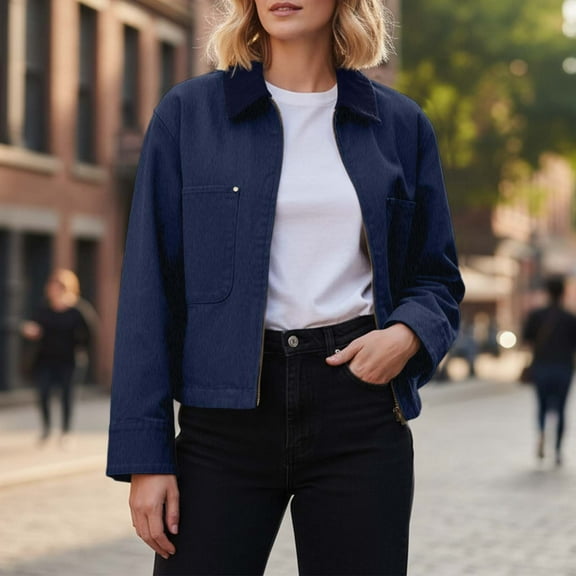 Cropped Jacket for Women Zip Up Collar Cargo Jacket Barn Jacket Lightweight Spring Fall Outerwear Streetwear Navy M