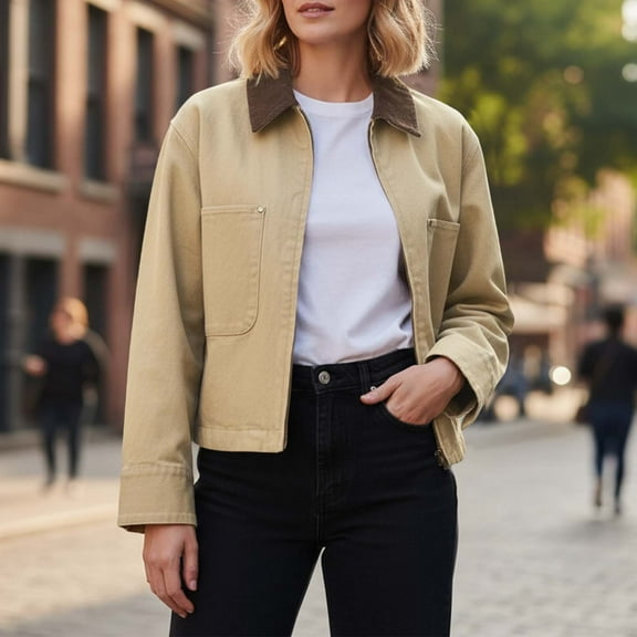 Cropped Jacket for Women Zip Up Collar Cargo Jacket Barn Jacket Spring Fall Work Outerwear Streetwear Light Yellow M