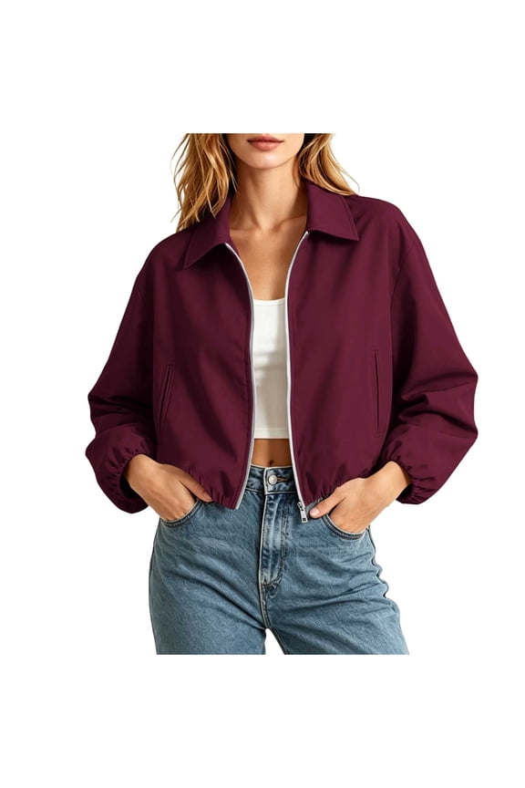 Cropped Jackets For Women Lapel Front Zipper Long Sleeve Pleated Hem Outwear Spring Fall Casual Trendy Cardigan (M, Wine)