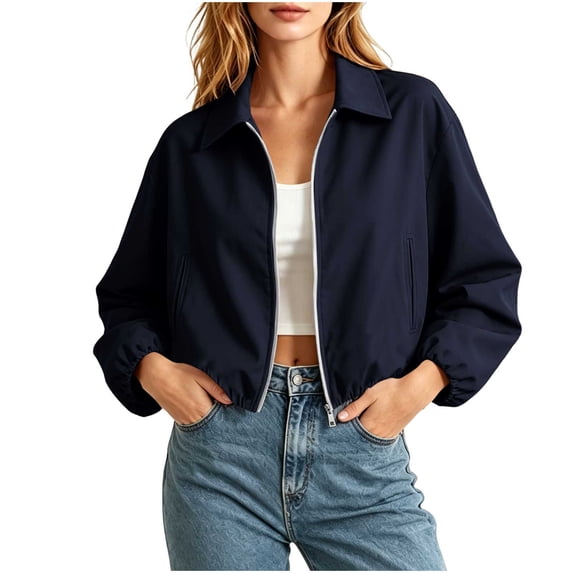 Cropped Jackets For Women Lapel Front Zipper Long Sleeve Pleated Hem Outwear Spring Fall Casual Trendy Cardigan (S, Navy)