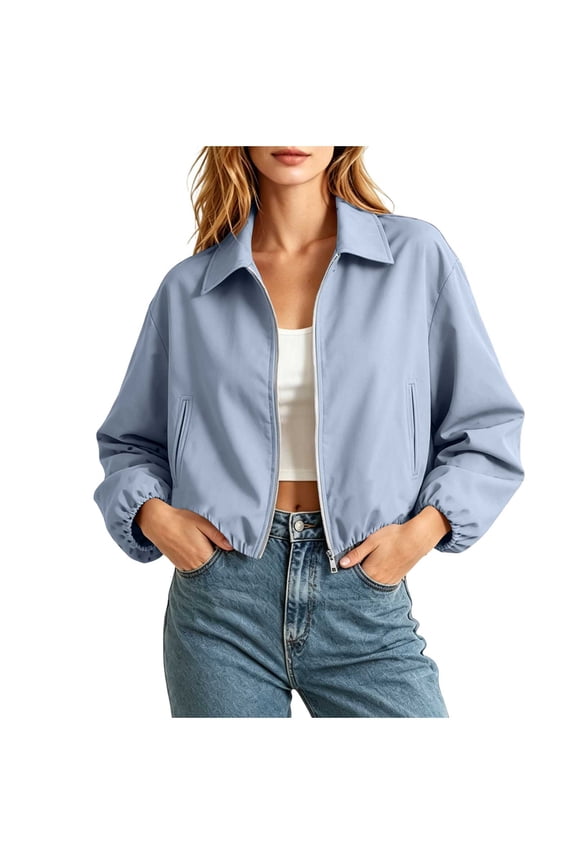 Cropped Jackets For Women Lapel Front Zipper Long Sleeve Pleated Hem Outwear Spring Fall Casual Trendy Cardigan (XS, Light Blue)