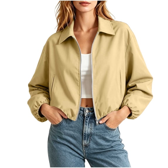 Cropped Jackets For Women Lapel Front Zipper Long Sleeve Pleated Hem Outwear Spring Fall Casual Trendy Cardigan (XS, Yellow)