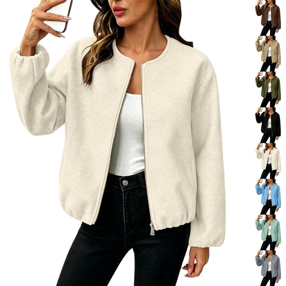 Cropped Jackets for Women Collarless Zip Up Jackets Womens Long Sleeve Loose Trendy Casual Coats with Pockets