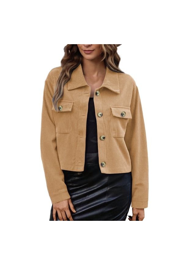 Cropped Jackets for Women Corduroy Button Down Long Sleeve Collared Shackets Fall Trendy Lightweight Casual Coat with Pockets