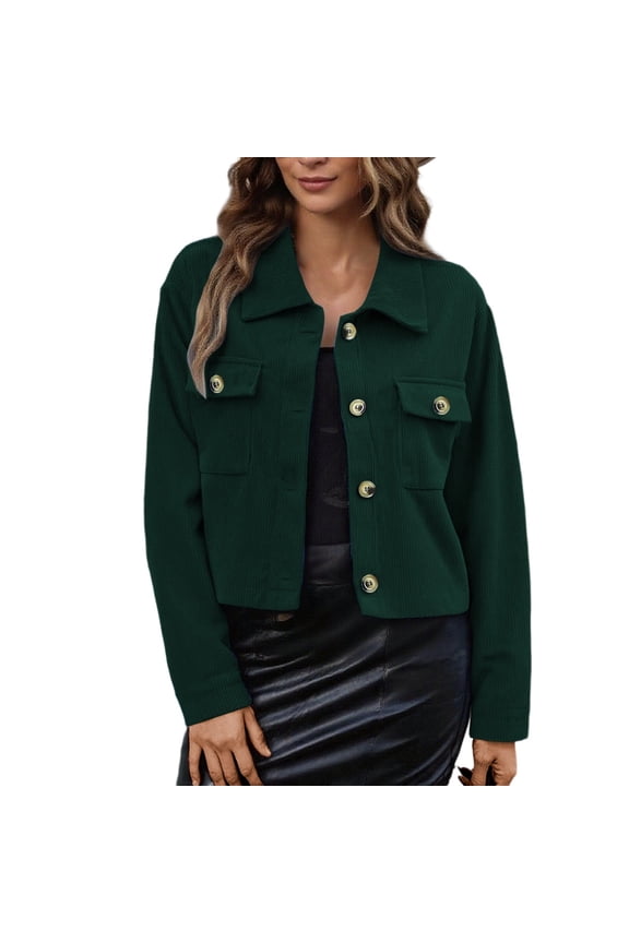 Cropped Jackets for Women Corduroy Button Down Long Sleeve Collared Shackets Fall Trendy Lightweight Casual Coat with Pockets