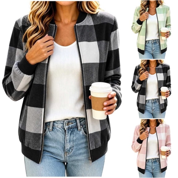 Cropped Jackets for Women Plaid Zip Up Jackets Womens Collarless Trendy Casual Loose Fall Winter Coats with Pockets