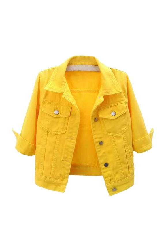 Cropped Jean Jacket, Yigetop Women's 2025 Casual Collared 3/4 Sleeve Crop Jean Jackets Classic Casual Crop Top Denim Jackets Coat Denim Cropped Jacket Yellow L