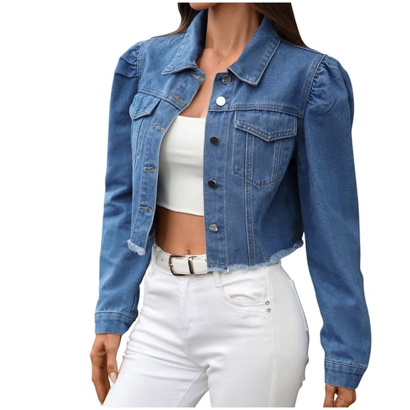 Cropped Jean Jackets for Women Fall Outwear Ripped Hem Denim Short Jacket Button Up Shackets Coat Long Sleeve (L, Blue)