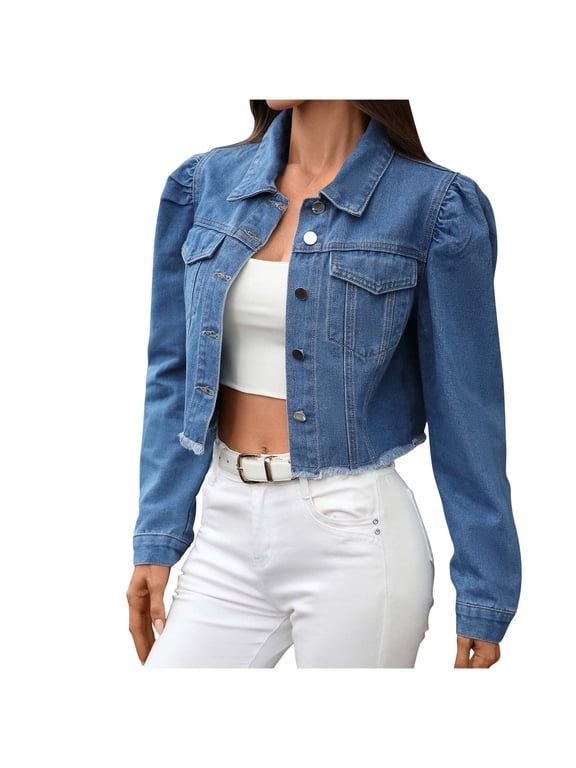 Cropped Jean Jackets for Women Fall Outwear Ripped Hem Denim Short Jacket Button Up Shackets Coat Long Sleeve (L, Blue)