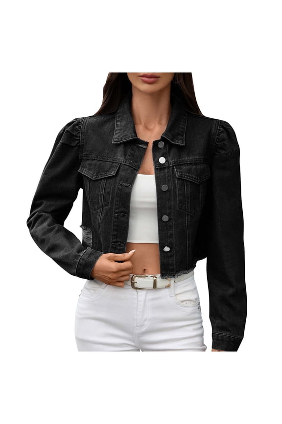 Cropped Jean Jackets for Women Fall Outwear Ripped Hem Denim Short Jacket Button Up Shackets Coat Long Sleeve (S, Black)