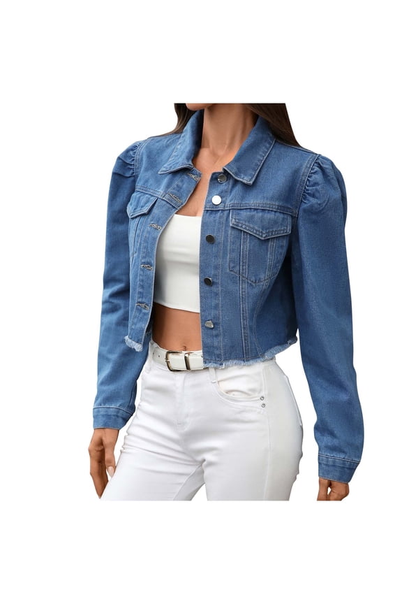 Cropped Jean Jackets for Women Fall Outwear Ripped Hem Denim Short Jacket Button Up Shackets Coat Long Sleeve (S, Blue)
