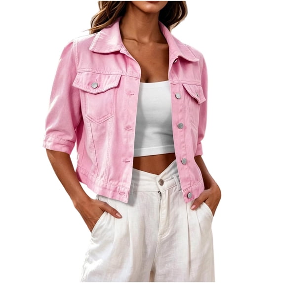 Cropped Jean Jackets for Women Fashion Short Denim Shacket Jacket Lightweight Fitted Stretchy Coat with Pockets