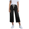 thumbnail image 1 of Cropped Jeans for Women , High Waisted Drawstring Stretch Capri Jeans, Pull On Wide Leg Denim Pants, Tummy Control 3/4 Length Denim Trousers with Pockets for Everyday Wear, 1 of 6